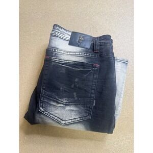 Makobi Mens Distressed Biker Moto Jeans Black Sandblasted Zip Denim 36x32 M2201